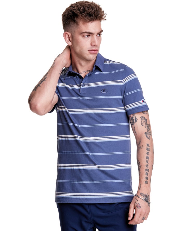 Champion Mens T-Shirt NZ - Jersey Stripe Polo Blue/White ( 8562-YZIPW )